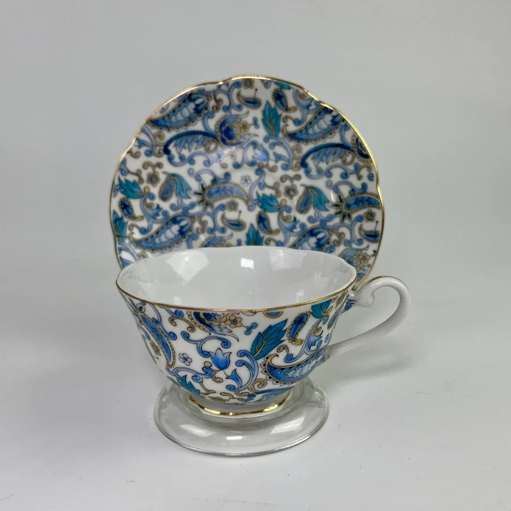 Lefton China Blue Paisley Teacup and Saucer‎ Set Hand Painted Gold Trim 2339